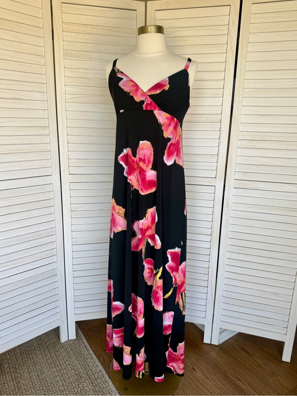 INC Sleeveless Black Maxi Empire Waist Dress with Pink Floral Print Sz M